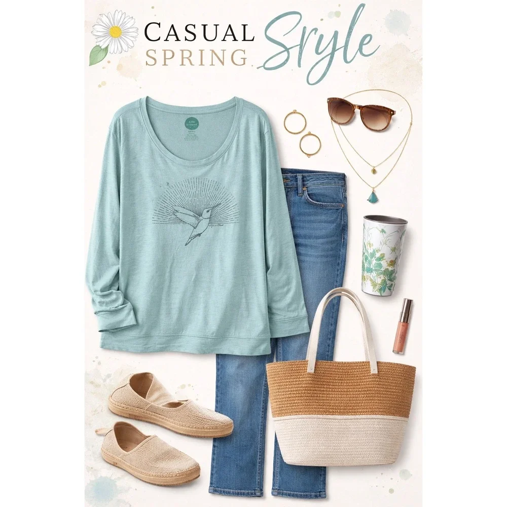 Life is Good Womens Hummingbird Sunburst Graphic L/S T-shirt Mint Green - Picture 5 of 5